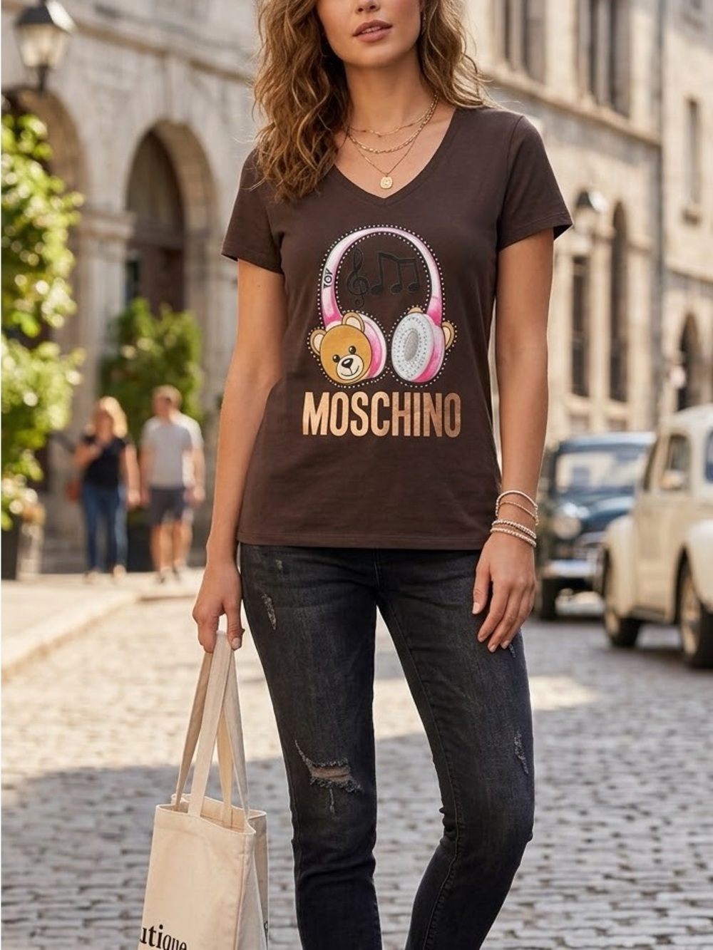 Moschino Brown Tee with Pink and White Headphone Bear Graphic